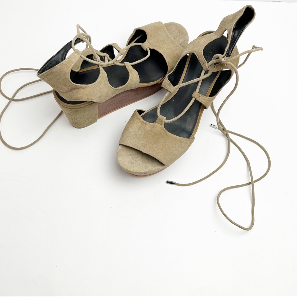 REBECCA MINKOFF Tan Suede Ankle Lace Wedge Sandals, Size 8